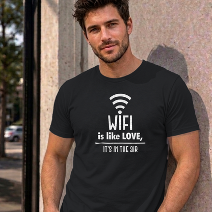Man wearing the black Wifi Is Like Love graphic tee