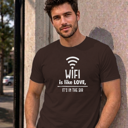 Man wearing the dark chocolate Wifi Is Like Love graphic tee