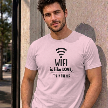 Man wearing the light pink Wifi Is Like Love graphic tee