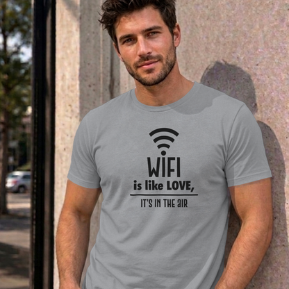 Man wearing the sport grey Wifi Is Like Love graphic tee
