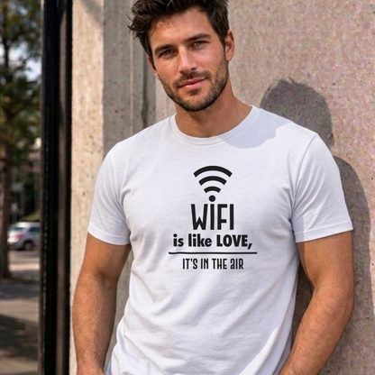 Man wearing the white Wifi Is Like Love graphic tee