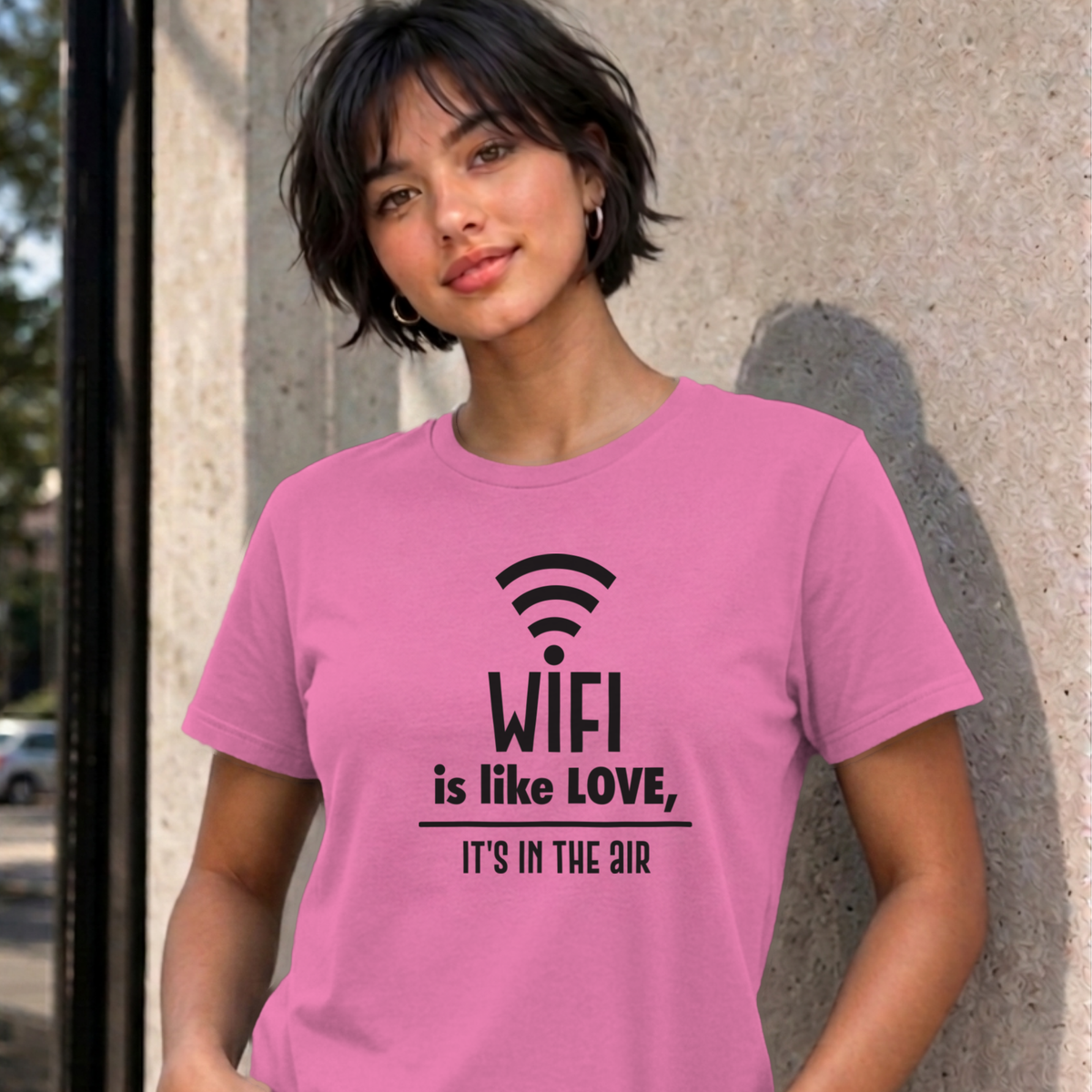Woman wearing the azalea Wifi Is Like Love graphic tee