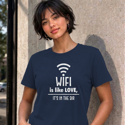 Woman wearing the navy Wifi Is Like Love graphic tee