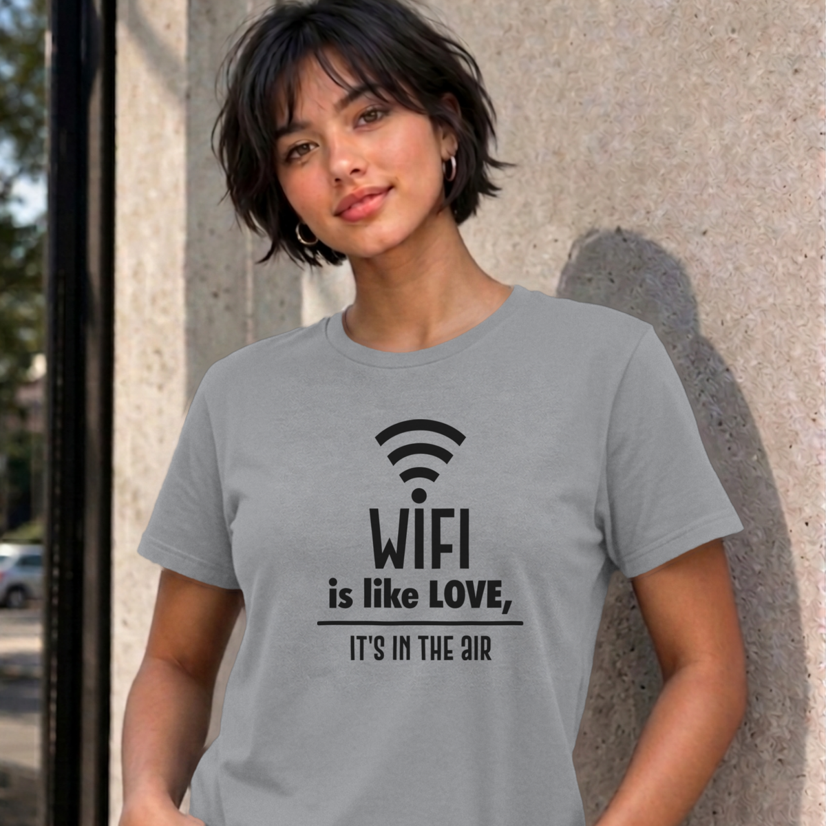 Woman wearing the sport grey Wifi Is Like Love graphic tee