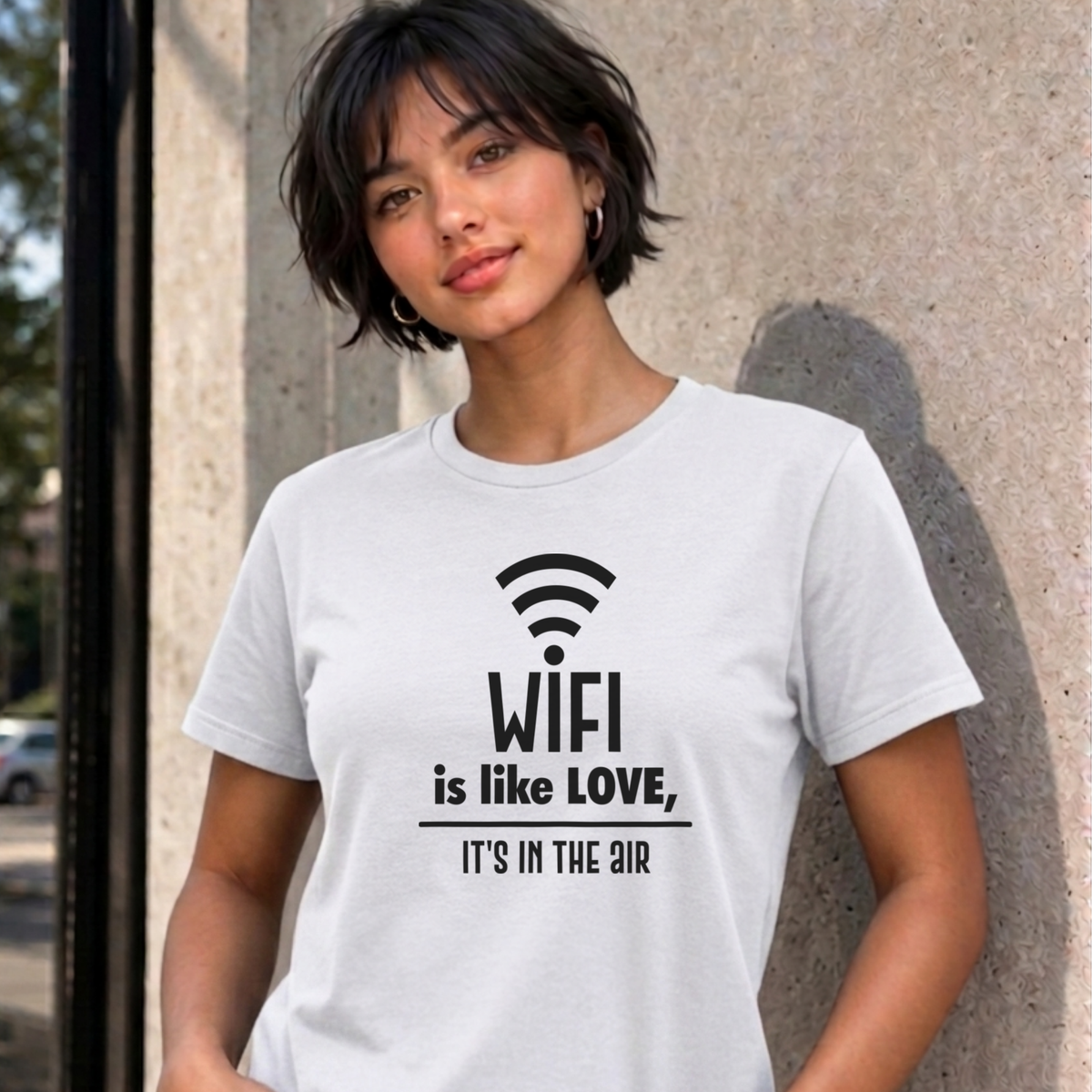 Woman wearing the white Wifi Is Like Love graphic tee