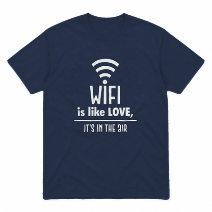 Wifi Is Like Love graphic tee in navy with white print, front view