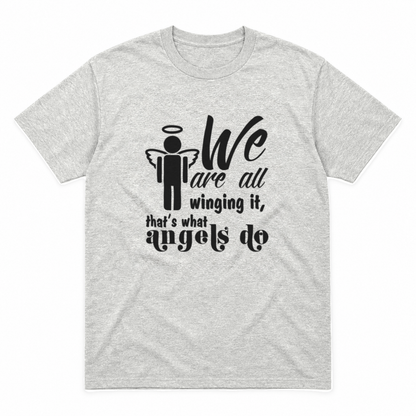 Winging It graphic tee in ash with black print, front view