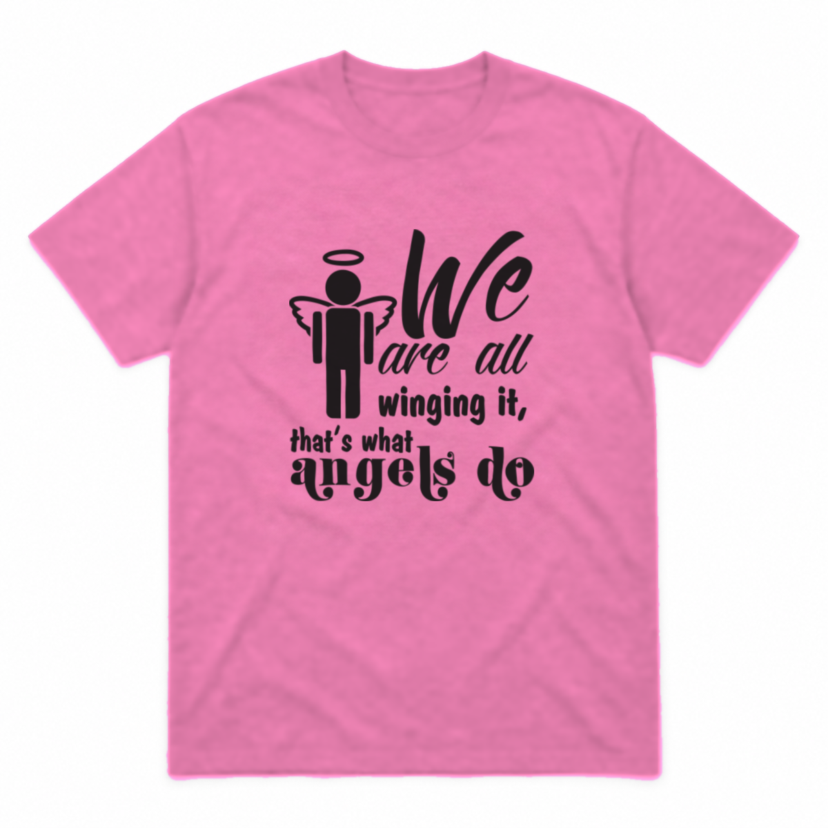 Winging It graphic tee in azalea with black print, front view