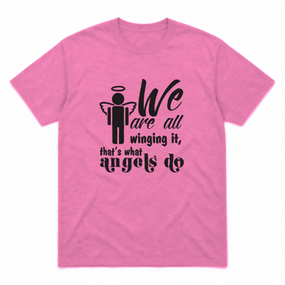 Winging It graphic tee in azalea with black print, front view