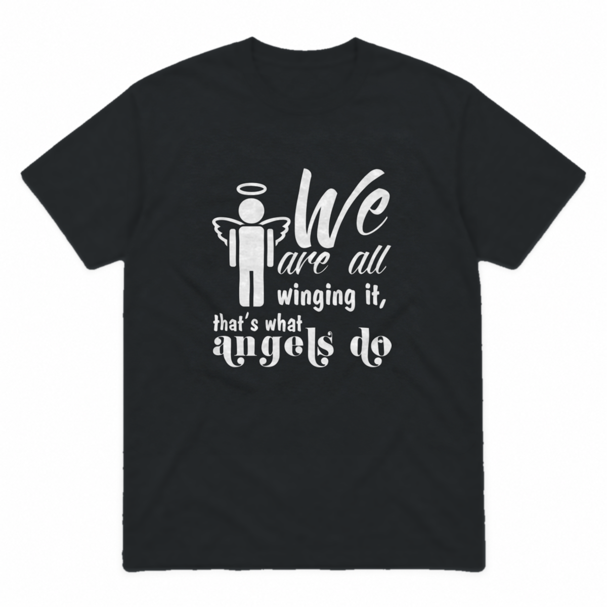 Winging It graphic tee in black with white print, front view