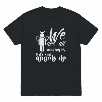 Winging It graphic tee in black with white print, front view