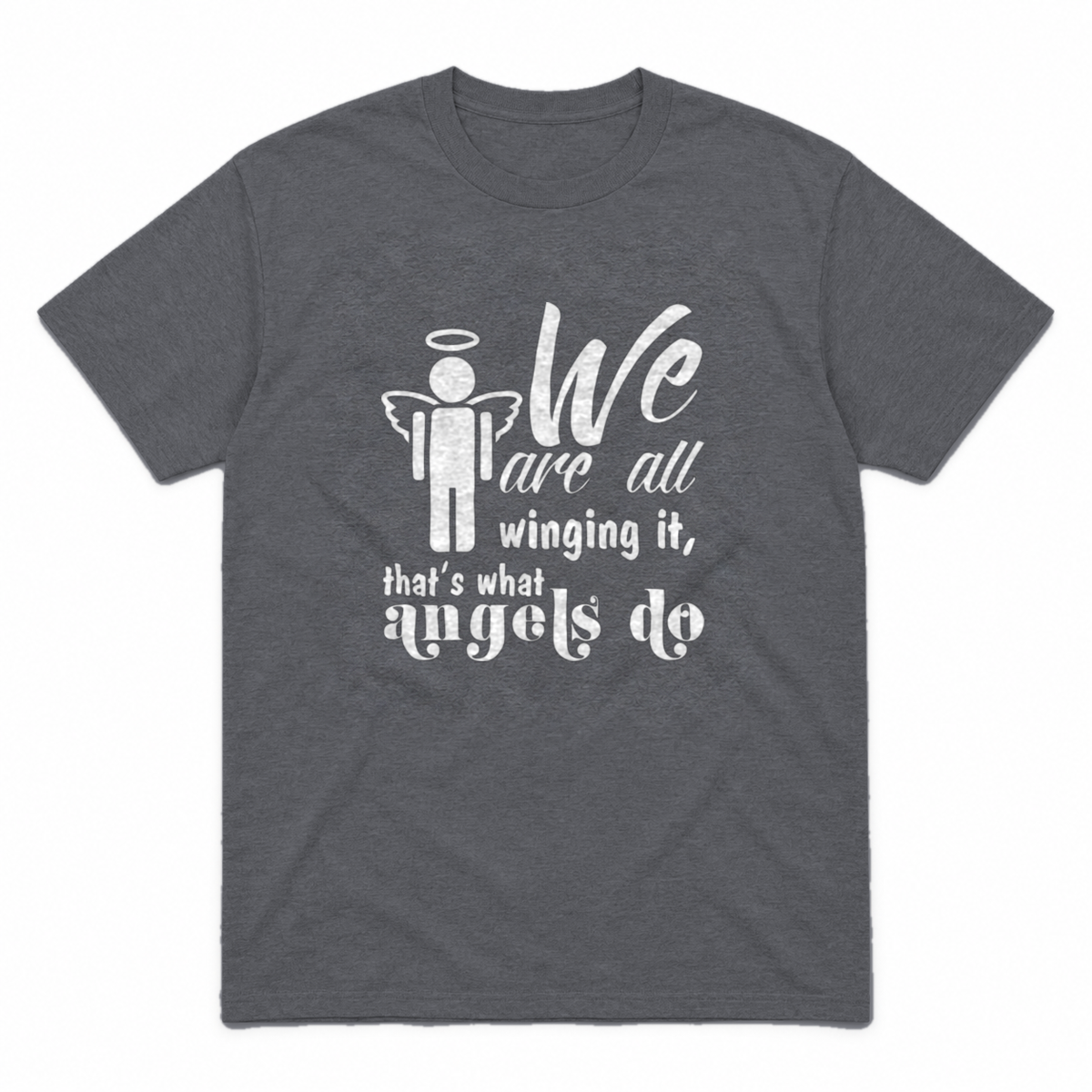 Winging It graphic tee in charcoal with white print, front view