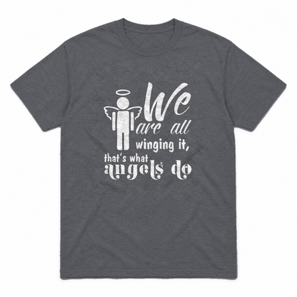 Winging It graphic tee in charcoal with white print, front view