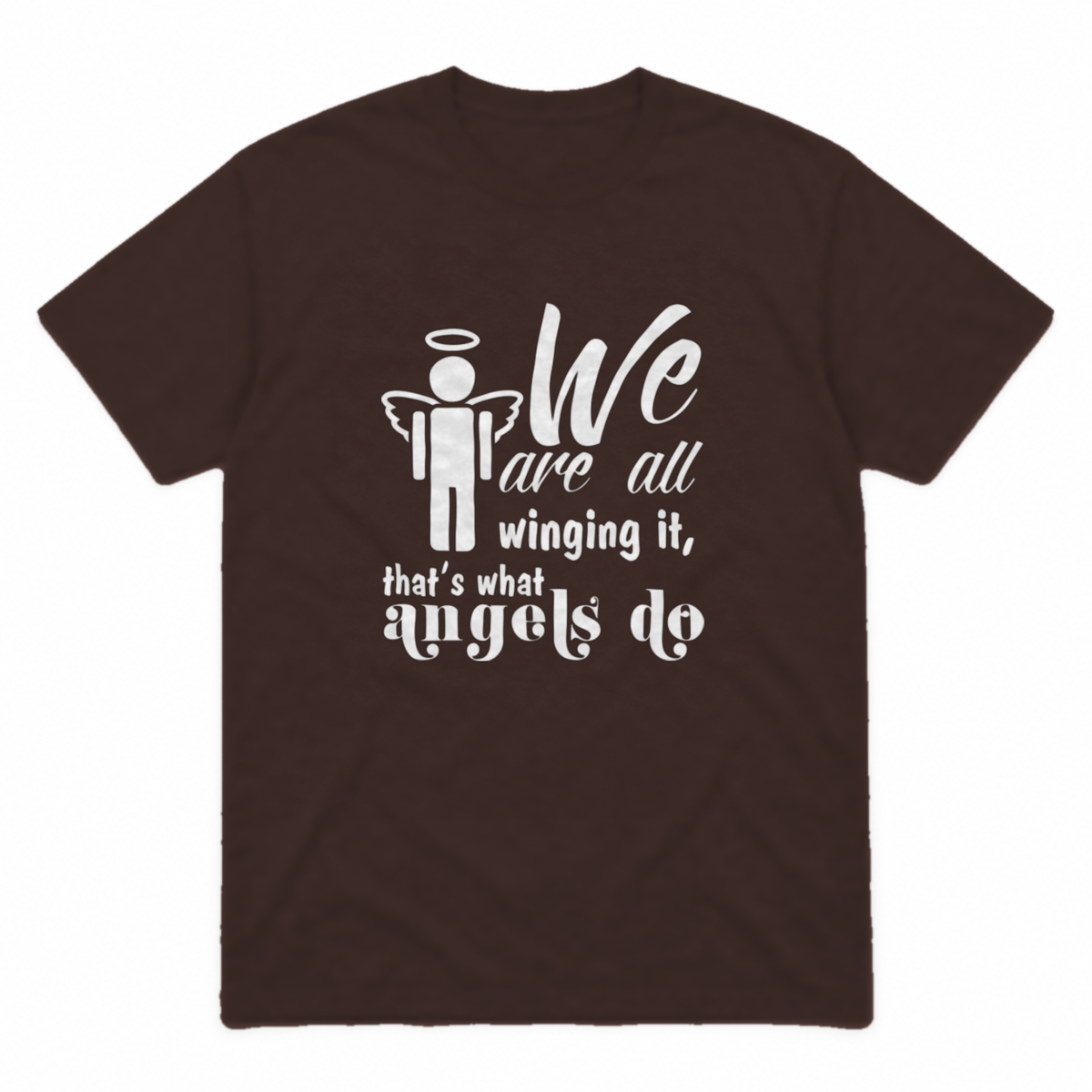 Winging It graphic tee in dark chocolate with white print, front view
