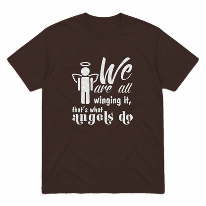 Winging It graphic tee in dark chocolate with white print, front view