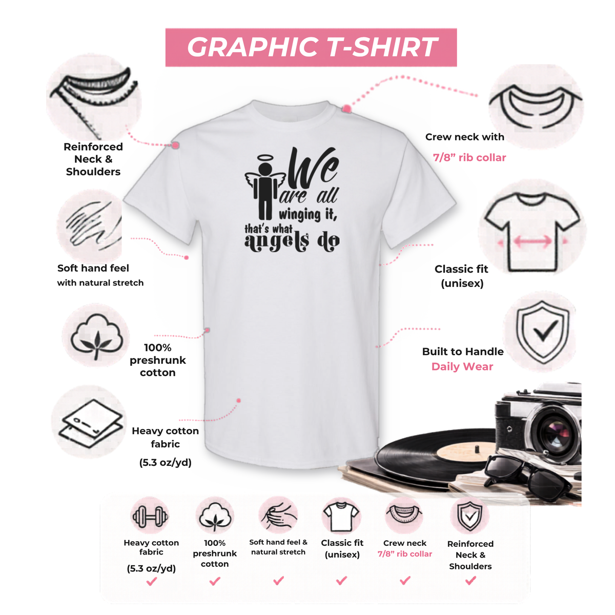Gildan 5000 graphic tee features: reinforced neck, rib collar, classic unisex fit, heavy cotton