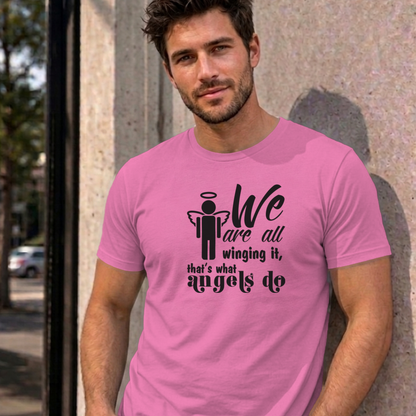 Man wearing the azalea Winging It graphic tee