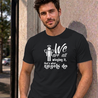 Man wearing the black Winging It graphic tee
