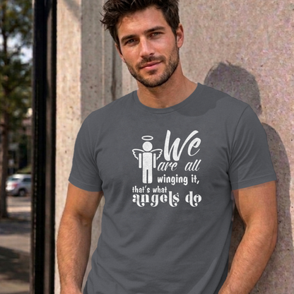 Man wearing the charcoal Winging It graphic tee