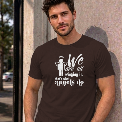 Man wearing the dark chocolate Winging It graphic tee