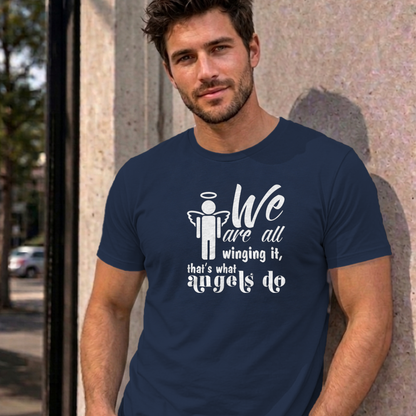 Man wearing the navy Winging It graphic tee
