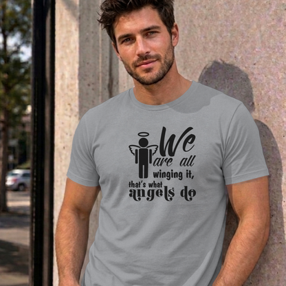 Man wearing the sport grey Winging It graphic tee