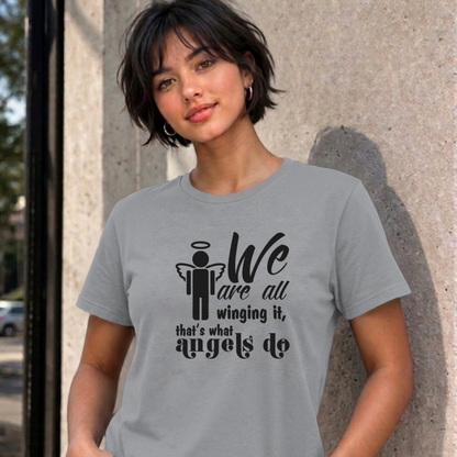 Woman wearing the sport grey Winging It graphic tee