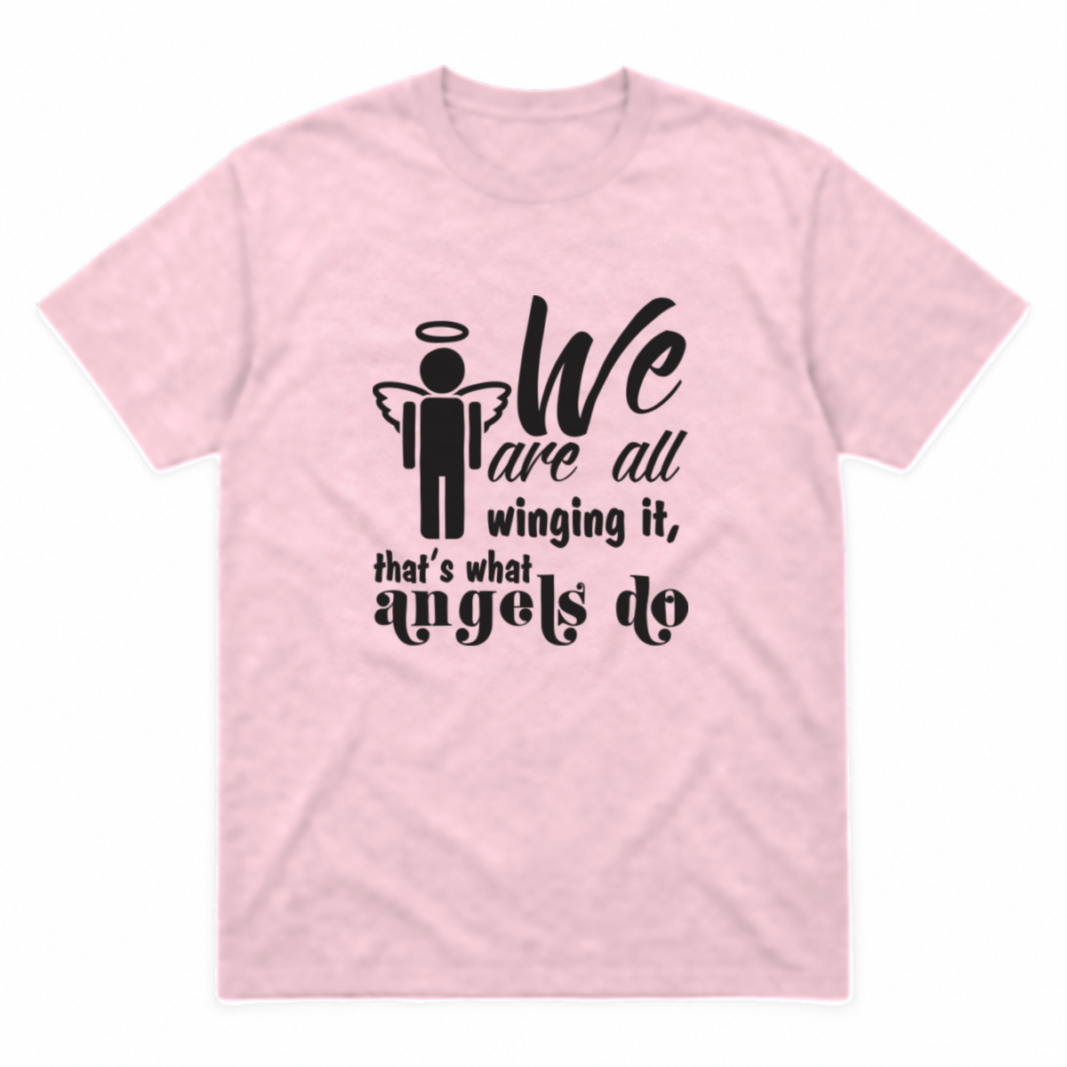 Winging It graphic tee in light pink with black print, front view