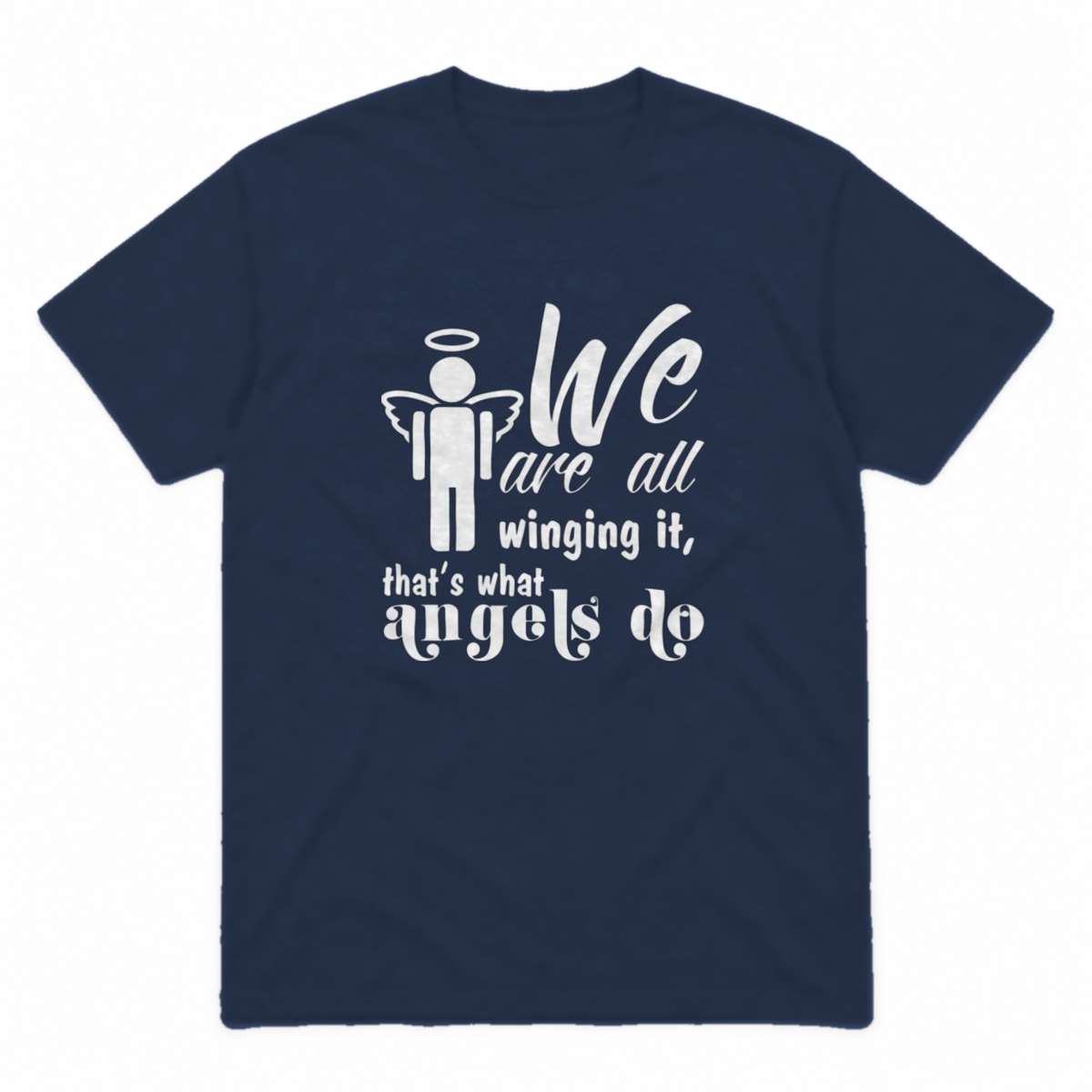 Winging It graphic tee in navy with white print, front view