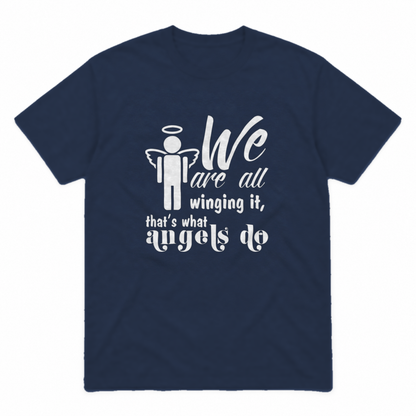 Winging It graphic tee in navy with white print, front view
