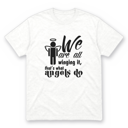 Winging It graphic tee in white with black print, front view