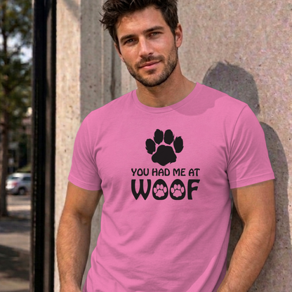 Man wearing the azalea You Had Me at Woof dog graphic tee