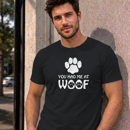 Man wearing the black You Had Me at Woof dog graphic tee