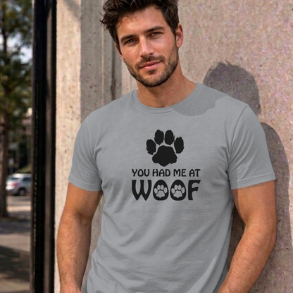 Man wearing the sport grey You Had Me at Woof dog graphic tee