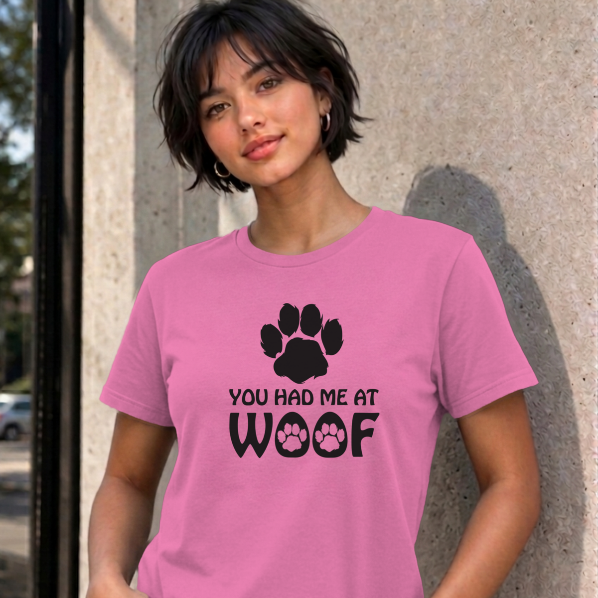 Woman wearing the azalea You Had Me at Woof dog graphic tee