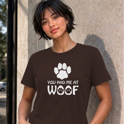 Woman wearing the dark chocolate You Had Me at Woof dog graphic tee