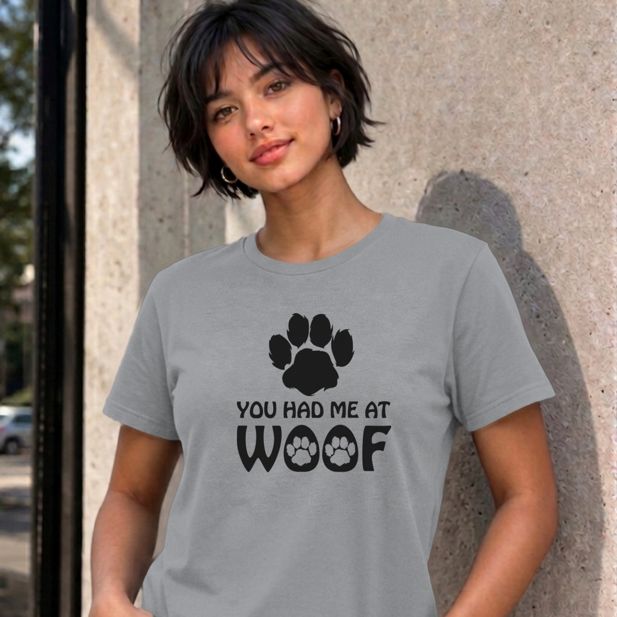 Woman wearing the sport grey You Had Me at Woof dog graphic tee