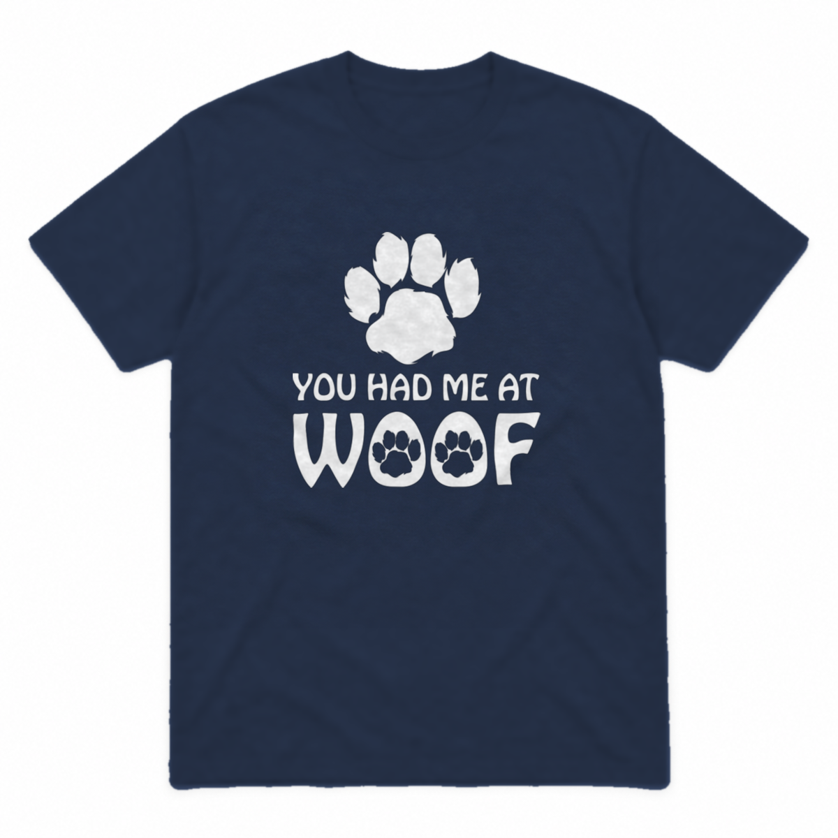 You Had Me at Woof dog graphic tee in navy with white print, front view