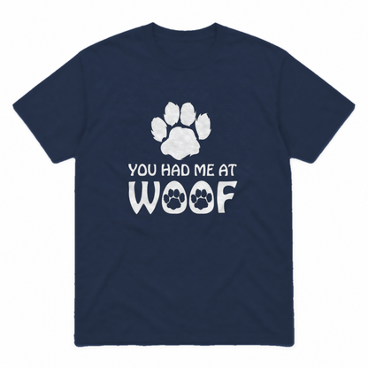 You Had Me at Woof dog graphic tee in navy with white print, front view