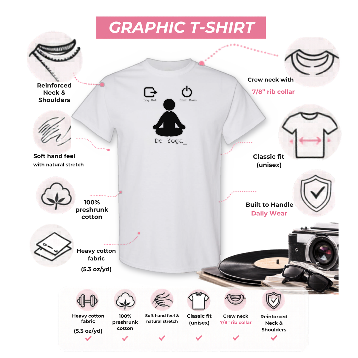 Gildan 5000 graphic tee features: reinforced neck, rib collar, classic unisex fit, heavy cotton