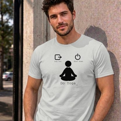 Man wearing the ash Log Out Shut Down Do Yoga graphic tee