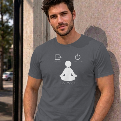 Man wearing the charcoal Log Out Shut Down Do Yoga graphic tee