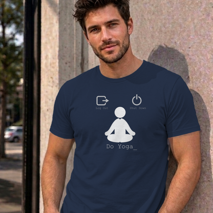 Man wearing the navy Log Out Shut Down Do Yoga graphic tee