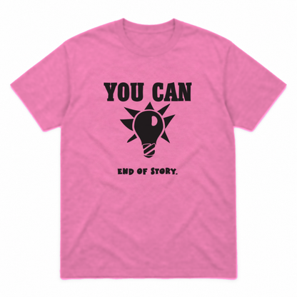 You Can Light Bulb graphic tee in azalea with black print, front view