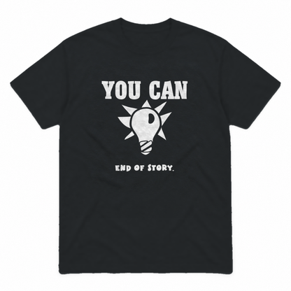 You Can Light Bulb graphic tee in black with white print, front view