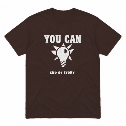 You Can Light Bulb graphic tee in dark chocolate with white print, front view