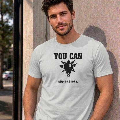 Man wearing the ash You Can Light Bulb graphic tee