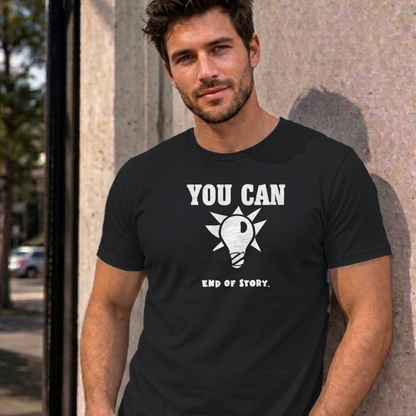 Man wearing the black You Can Light Bulb graphic tee
