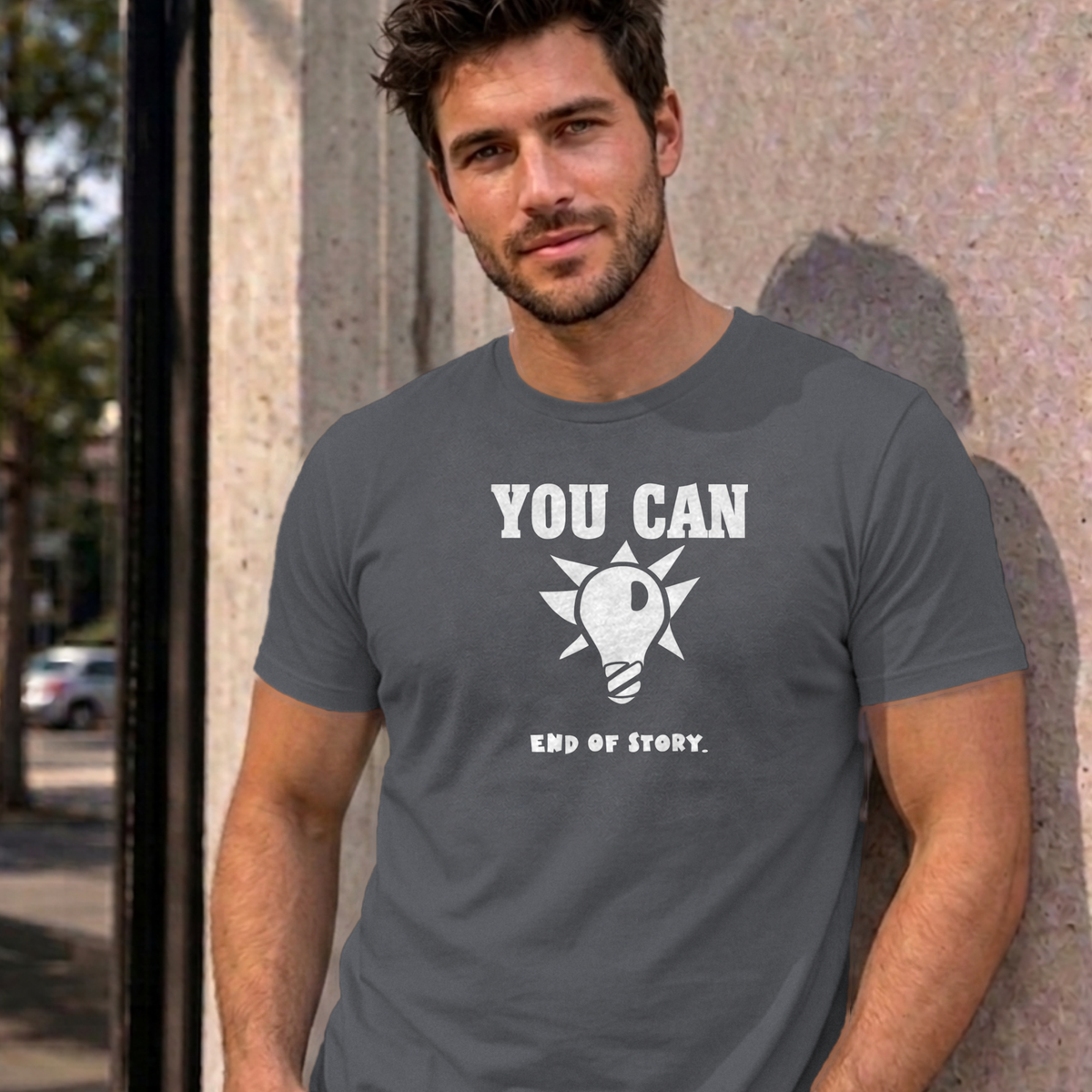 Man wearing the charcoal You Can Light Bulb graphic tee