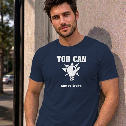 Man wearing the navy You Can Light Bulb graphic tee